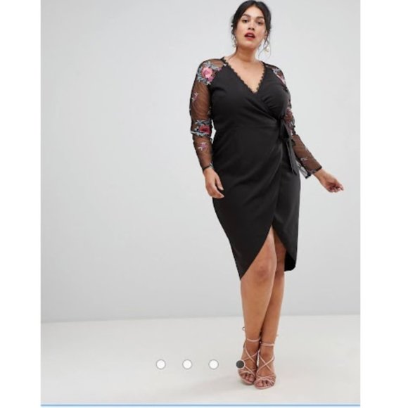 Little Mistress Plus Wrapover Pencil Dress With Embroidered Sleeve Detail - Picture 1 of 8